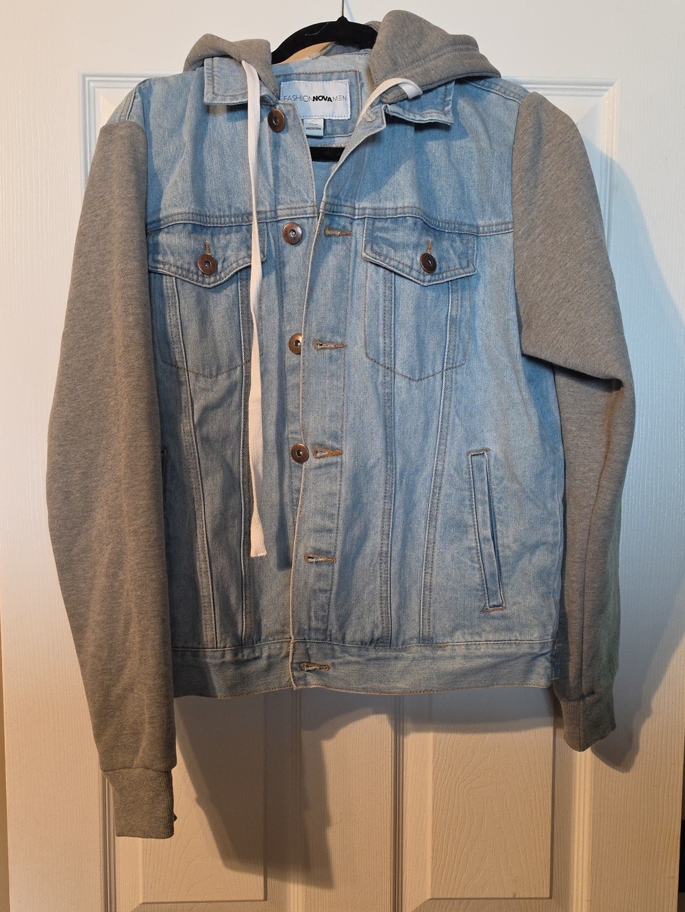 Fashion Nova Light Blue Denim Jacket with Gray Hoodie Sleeves